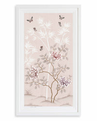 soft pink framed chinoiserie wall art print featuring butterflies, flower branches, and bamboo