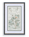 pebble blue framed chinoiserie wall art print featuring butterflies, flower branches, and bamboo