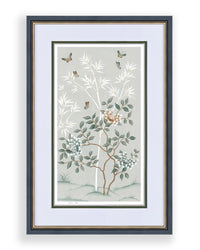 pebble blue framed chinoiserie wall art print featuring butterflies, flower branches, and bamboo