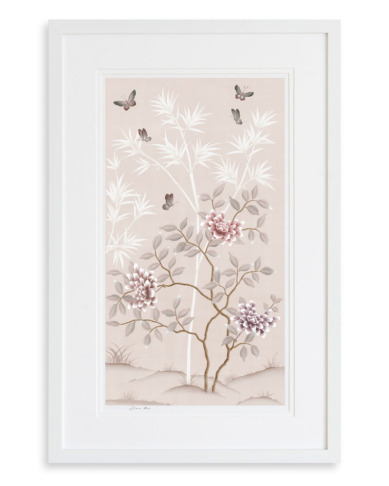 soft pink framed chinoiserie wall art print featuring butterflies, flower branches, and bamboo