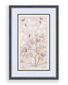 soft pink framed chinoiserie wall art print featuring butterflies, flower branches, and bamboo