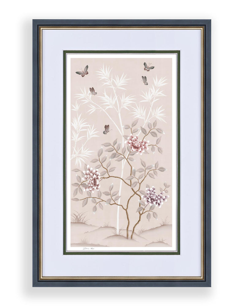 soft pink framed chinoiserie wall art print featuring butterflies, flower branches, and bamboo