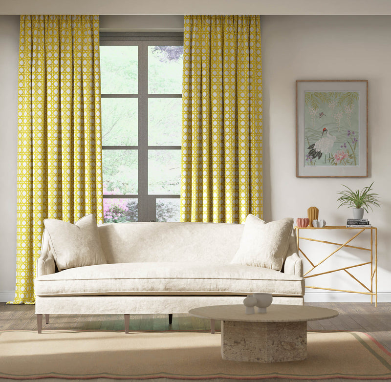 yellow geometric fabric featuring chinoiserie trellis design on curtains in modern living room