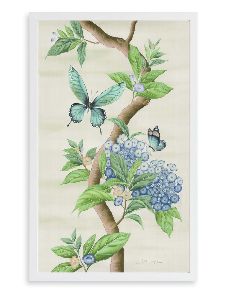 Framed Chinoiserie art print by Diane Hill in neutral ivory tones featuring botanical green leaves, blue hydrangea flowers and delicate butterflies