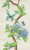 Chinoiserie style art print featuring butterflies and blue flowers on an ivory cream background