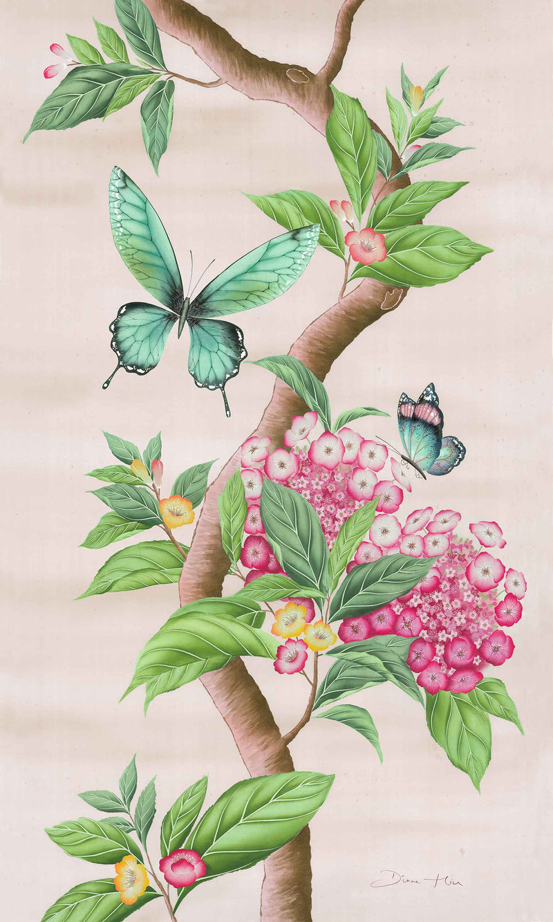 A pink botanical and Chinoiserie inspired art print by Diane Hill, featuring lush green leaves, pink hydrangea flowers and blue fluttering butterflies