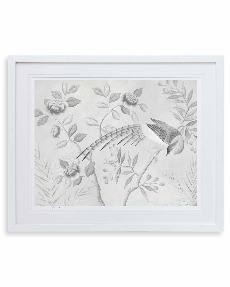 silver framed chinoiserie art print featuring bird on branch with flowers