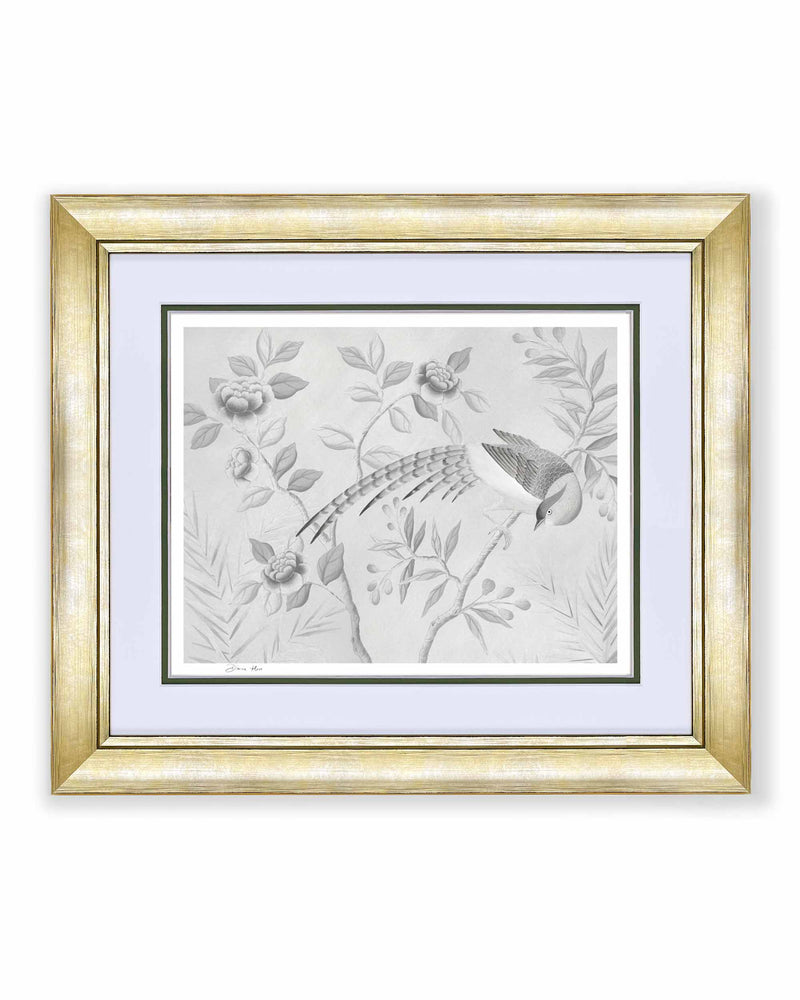 silver framed chinoiserie art print featuring bird on branch with flowers