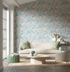 pink and blue botanical wallpaper featuring chinoiserie style fruits and flowers in modern living room