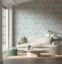 Marie wallpaper - Rose/Lagoon colourway, Colourful wallpaper, Wall decor for Lounge, Botanical