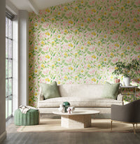 yellow botanical wallpaper featuring chinoiserie style fruits and flowers in modern living room