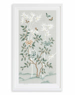 The Mariya art print in pebble blue, in a classic white frame. A celebration of butterflies, bamboo and botanicals, Mariya is a beautiful modern chinoiserie art print which was originally hand-painted onto pure silk, featuring delicate leaves, peonies in tones of blue and bronze, and an abundance of butterflies  Edit alt text