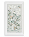 pebble blue framed chinoiserie wall art print featuring butterflies, flower branches, and bamboo