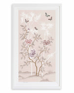 soft pink framed chinoiserie wall art print featuring butterflies, flower branches, and bamboo