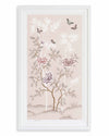 soft pink framed chinoiserie wall art print featuring butterflies, flower branches, and bamboo