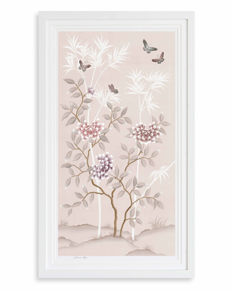 soft pink framed chinoiserie wall art print featuring butterflies, flower branches, and bamboo