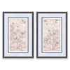 pair of soft pink framed chinoiserie wall art prints featuring butterflies, flower branches, and bamboo