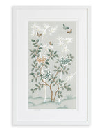 The Mariya art print in pebble blue, in a classic white frame. A celebration of butterflies, bamboo and botanicals, Mariya is a beautiful modern chinoiserie art print which was originally hand-painted onto pure silk, featuring delicate leaves, peonies in tones of blue and bronze, and an abundance of butterflies