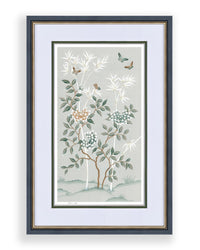 pebble blue framed chinoiserie wall art print featuring butterflies, flower branches, and bamboo