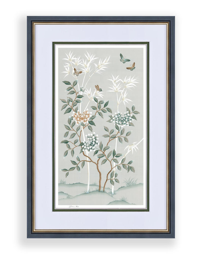 pebble blue framed chinoiserie wall art print featuring butterflies, flower branches, and bamboo