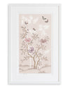 soft pink framed chinoiserie wall art print featuring butterflies, flower branches, and bamboo