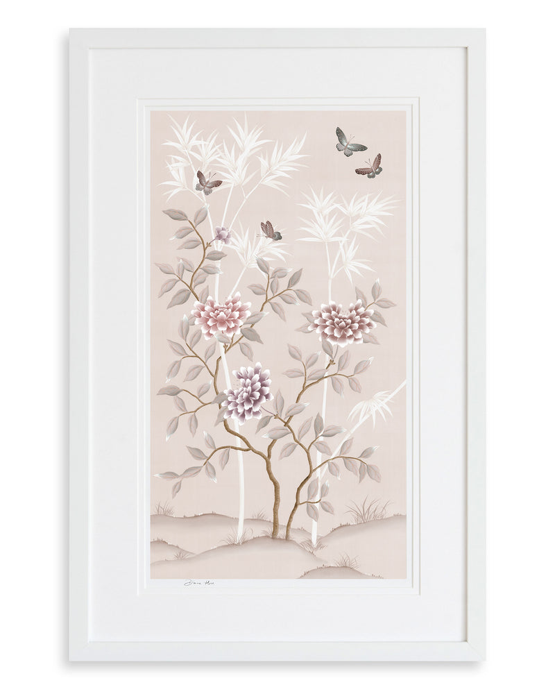 soft pink framed chinoiserie wall art print featuring butterflies, flower branches, and bamboo