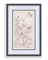 soft pink framed chinoiserie wall art print featuring butterflies, flower branches, and bamboo