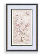 soft pink framed chinoiserie wall art print featuring butterflies, flower branches, and bamboo