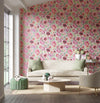 powder pink floral chinoiserie wallpaper in modern living room