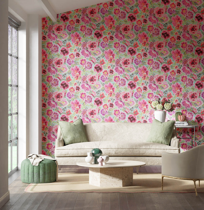 aqua blue and pink floral chinoiserie wallpaper in modern living room