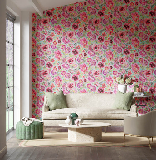 Botanical wallpaper in Aqua/Peony/Magenta colourway.  Wall decor for  the living room.