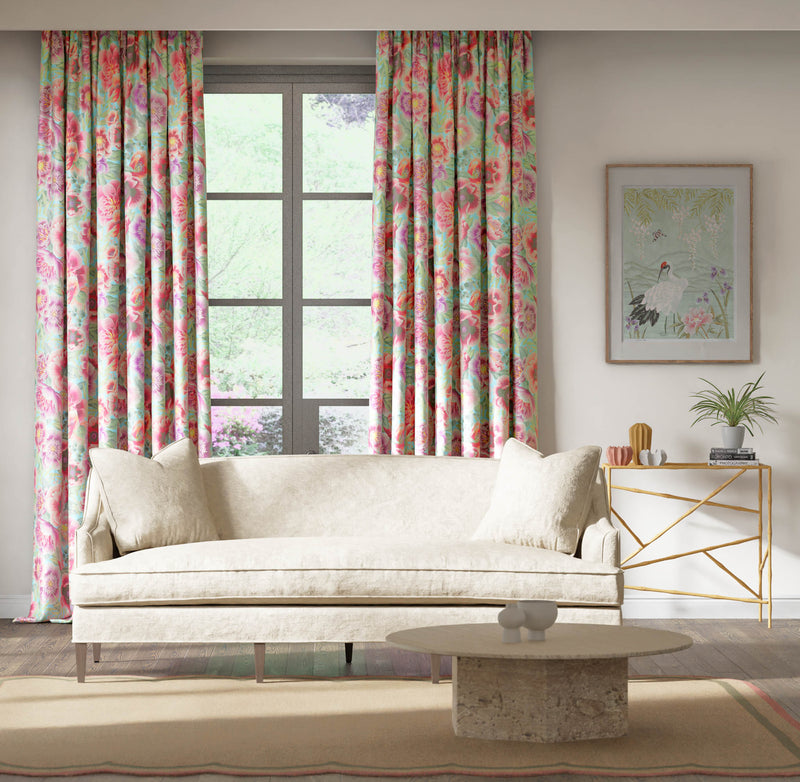 blue and pink floral chinoiserie fabric on curtains in modern living room