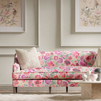 pink tonal floral chinoiserie fabric on sofa in modern living room