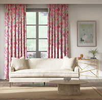 pink tonal floral chinoiserie fabric on curtains in modern living room