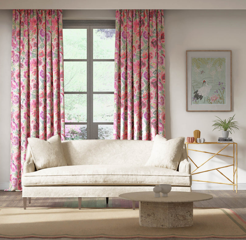 Marsha Fabric - Powder/Peony/Magenta colourway.  For living room curtains and upholstery.  Floral fabric