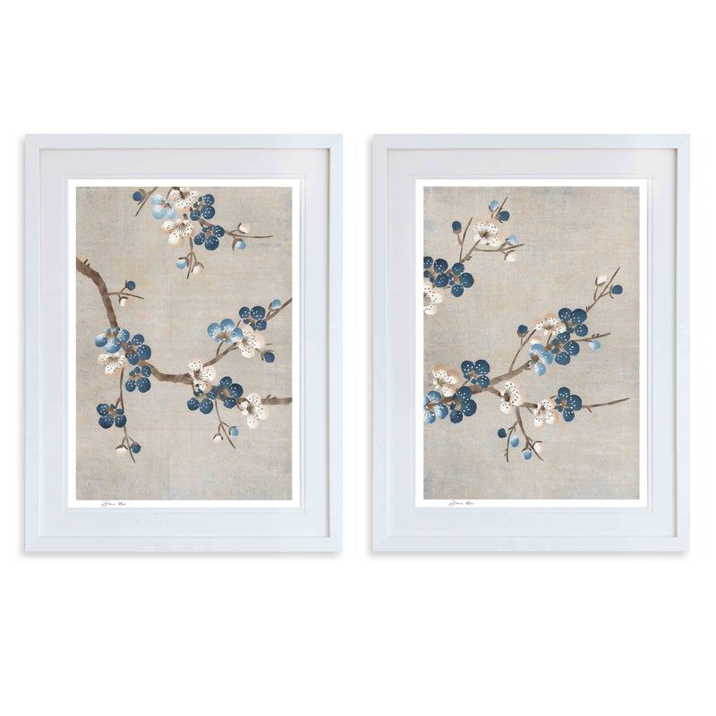 framed silver and blue floral chinoiserie blossom flower wall art print Chinese art style for maximalist home decor