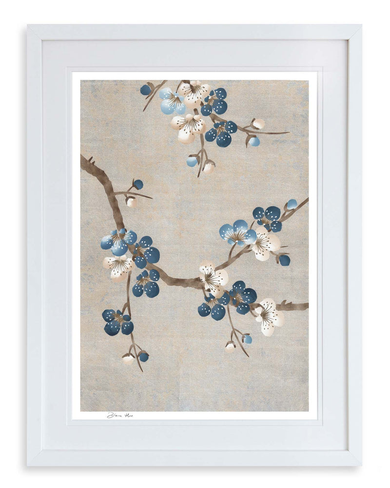 silver and blue floral chinoiserie blossom flower wall art print Chinese art style for maximalist home decor