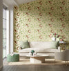 green botanical wallpaper featuring chinoiserie style animals and fruit in modern living room