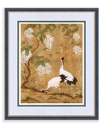 framed Japanese style chinoiserie wall art print featuring cranes and wisteria tree on gold background