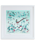 framed blue chinoiserie art print featuring colourful birds on blossom branch, butterflies and fruit 