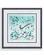 framed blue chinoiserie art print featuring colourful birds on blossom branch, butterflies and fruit