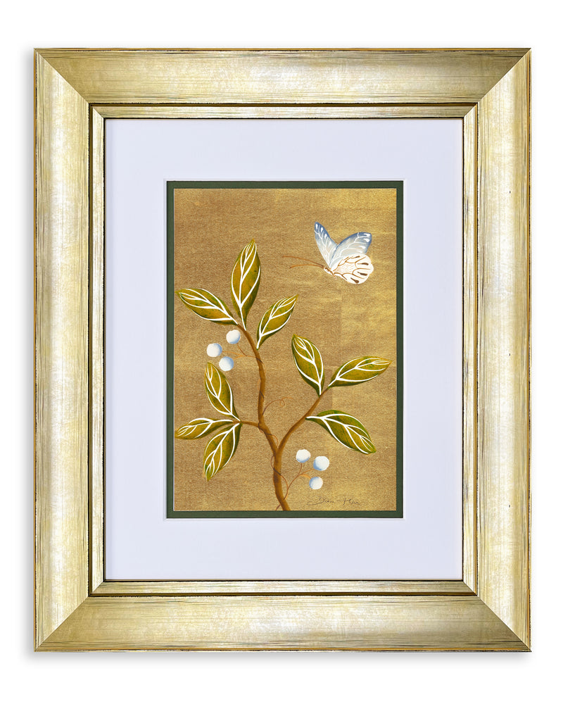 framed chinoiserie wall art print featuring vintage Chinese-style butterfly and flower branch on gold background