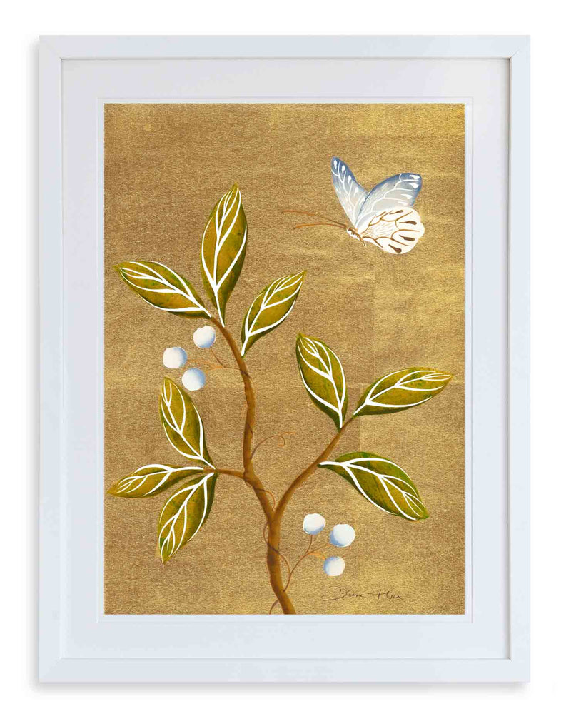 framed chinoiserie wall art print featuring vintage Chinese-style butterfly and flower branch on gold background