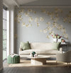 Grey chinoiserie wallpaper mural with white Japanese cherry blossom flowers in modern living room