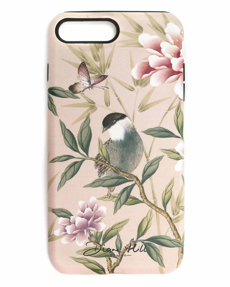The Rosie phone case by Diane Hill, against a white background. Featuring a pretty songbird perched on a branch with butterflies overhead and an abundance of blooming peonies in the background. 