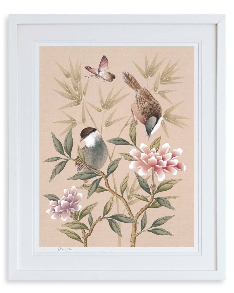 Rosie Art Print, framed in a classic white frame. The Rosie art print by Diane Hill is a beautifully restful, calming chinoiserie style art print featuring soft colours which will look perfectly at home in a bedroom, bathroom or any space that could use a little soothing influence. 