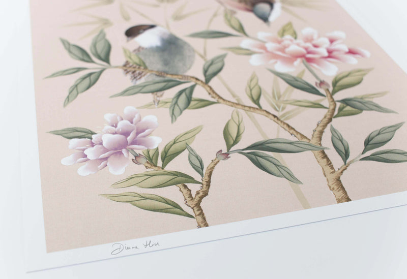 Close up of the printed signature which appears at the foot of the Rosie chinoiserie art print by Diane Hill, featuring two little songbirds perched upon twigs, with pink and lilac peonies