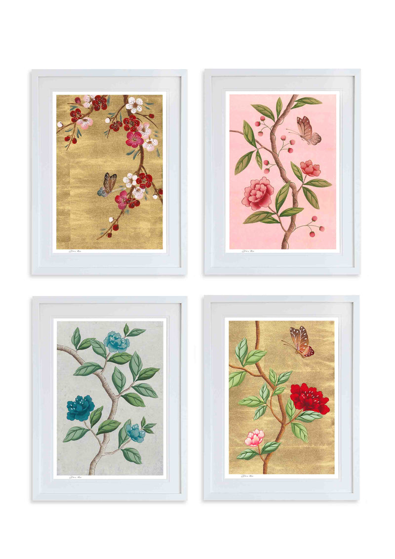 framed vintage floral botanical chinoiserie wall art prints with flowers butterflies blossom Chinese art style