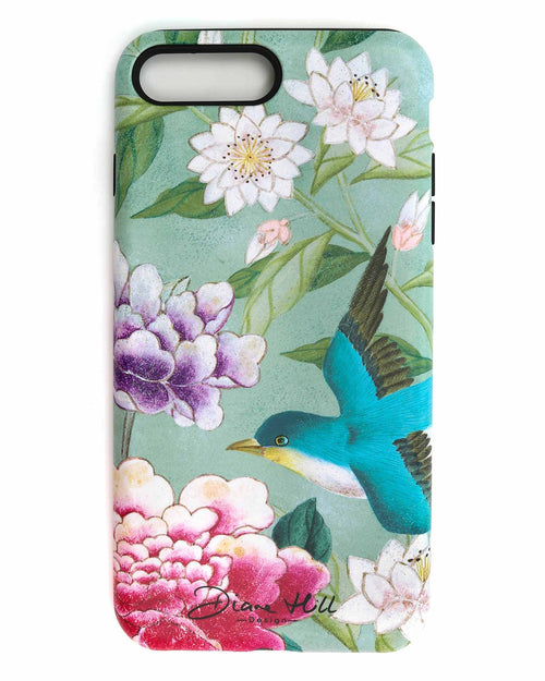 The Shona phone case by Diane Hill, against a white background. Shona is a brilliantly colourful and elegant design with a subtle antique feel, featuring a joyful blue bird, water lilies, peonies and leaves.