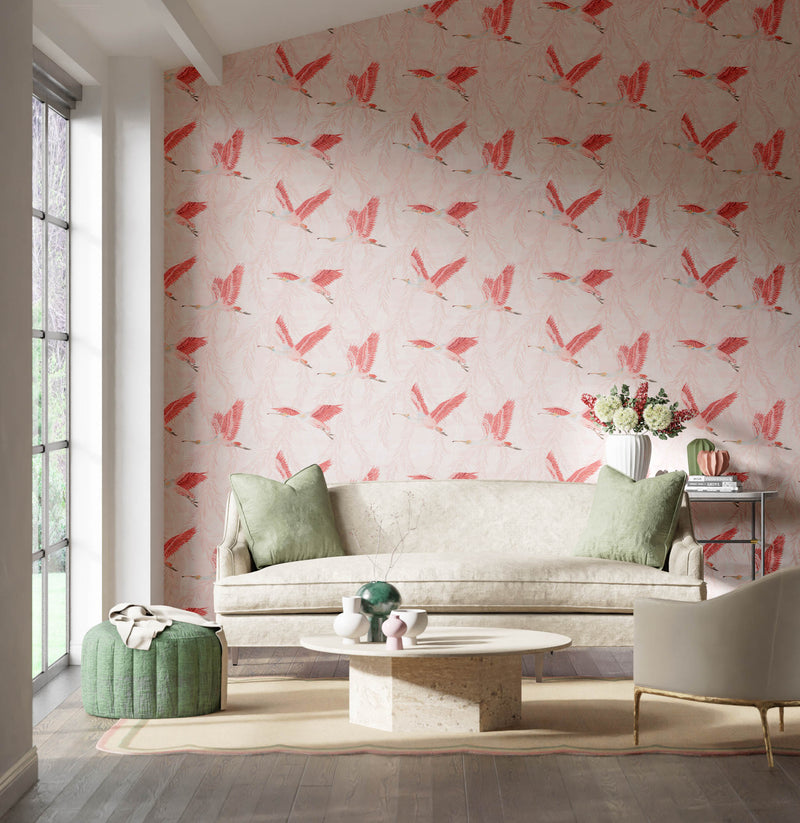 pink botanical wallpaper featuring chinoiserie style birds in modern living room